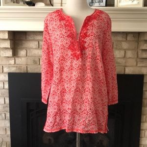 St. Tropez West Coral Pink White Embroidered V-Neck Tunic Top size Large